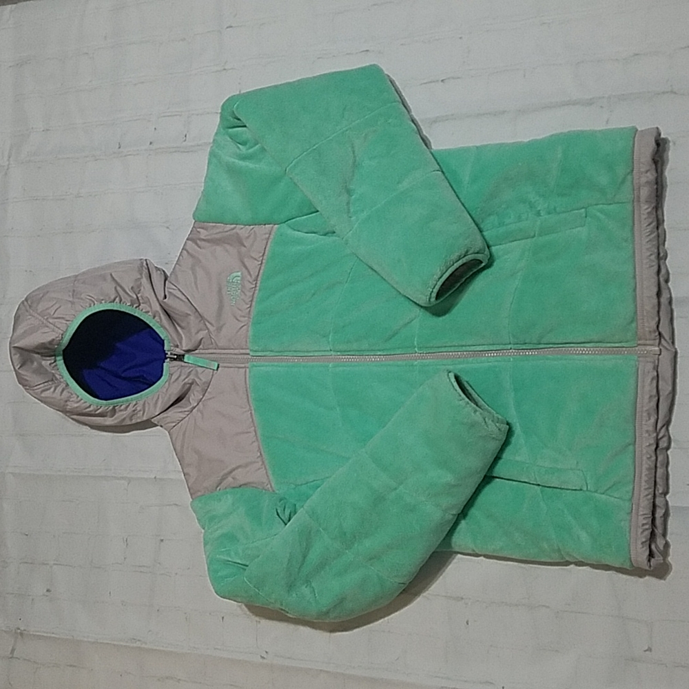 Girls teal/blu/grey reversible North Face coat XL